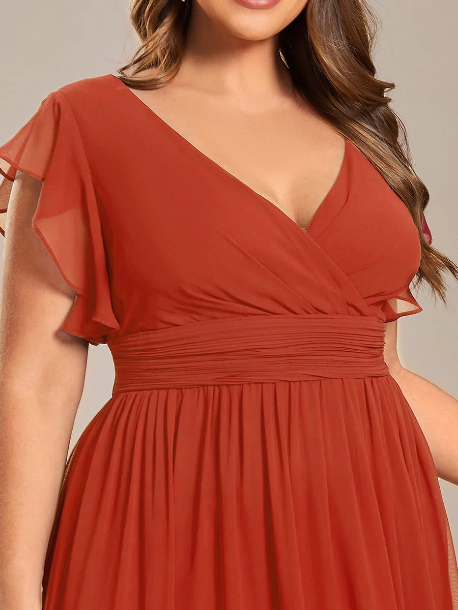 Elegant V-Neck Open Back Chiffon Bridesmaid Dress with Ruffled Sleeves #color_Burnt Orange
