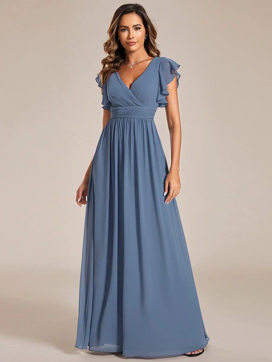 Elegant V-Neck Open Back Chiffon Bridesmaid Dress with Ruffled Sleeves #color_Dusty Blue