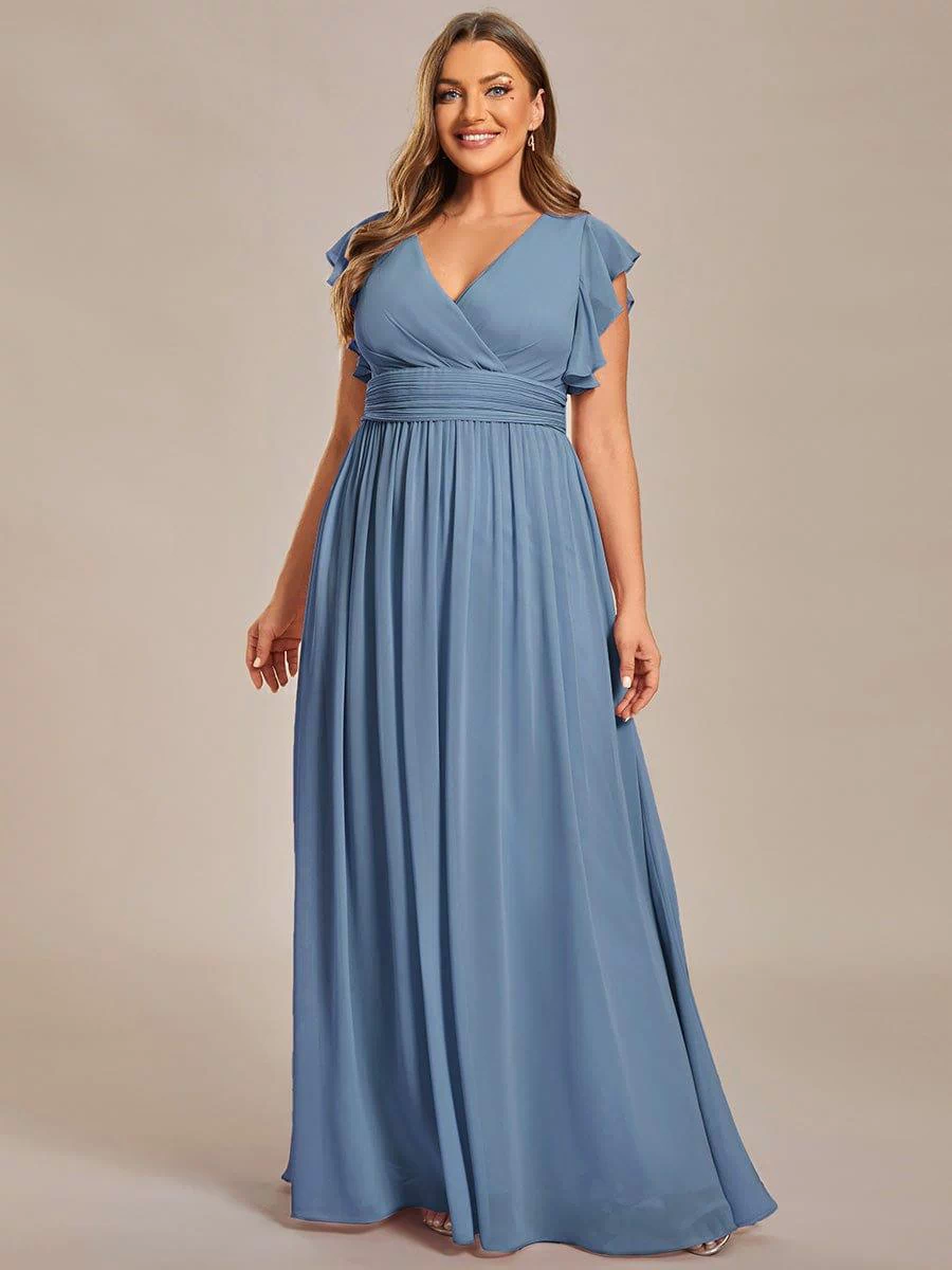 Elegant V-Neck Open Back Chiffon Bridesmaid Dress with Ruffled Sleeves #color_Dusty Blue