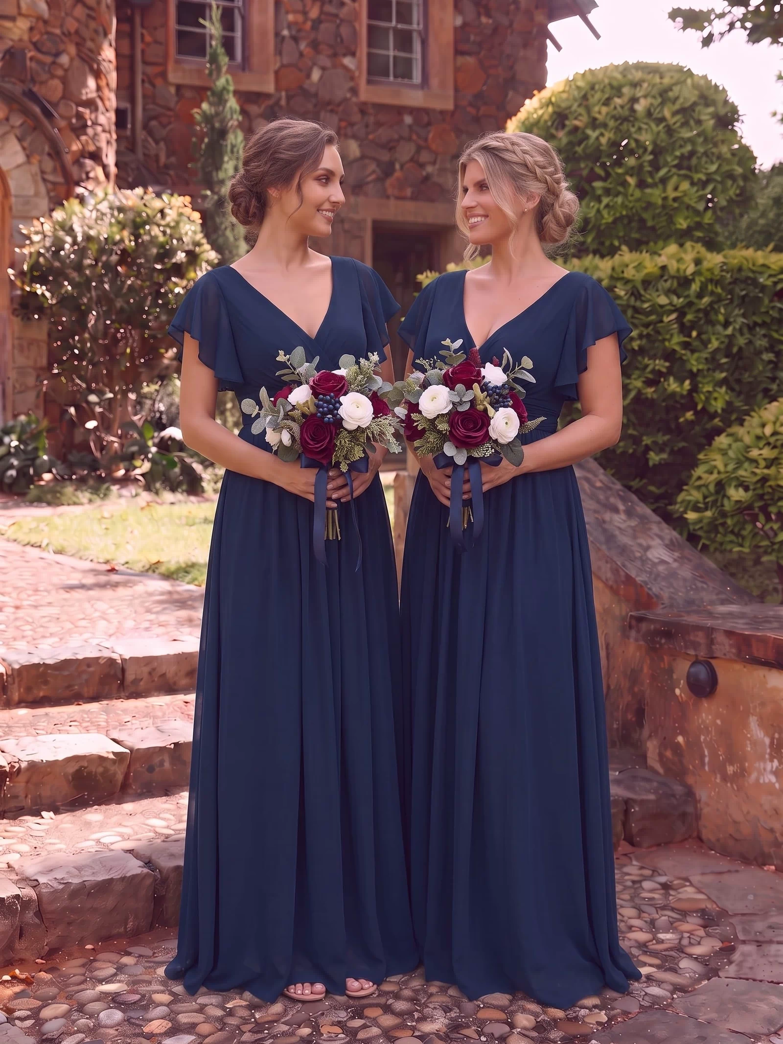 Elegant V-Neck Open Back Chiffon Bridesmaid Dress with Ruffled Sleeves #color_Navy Blue