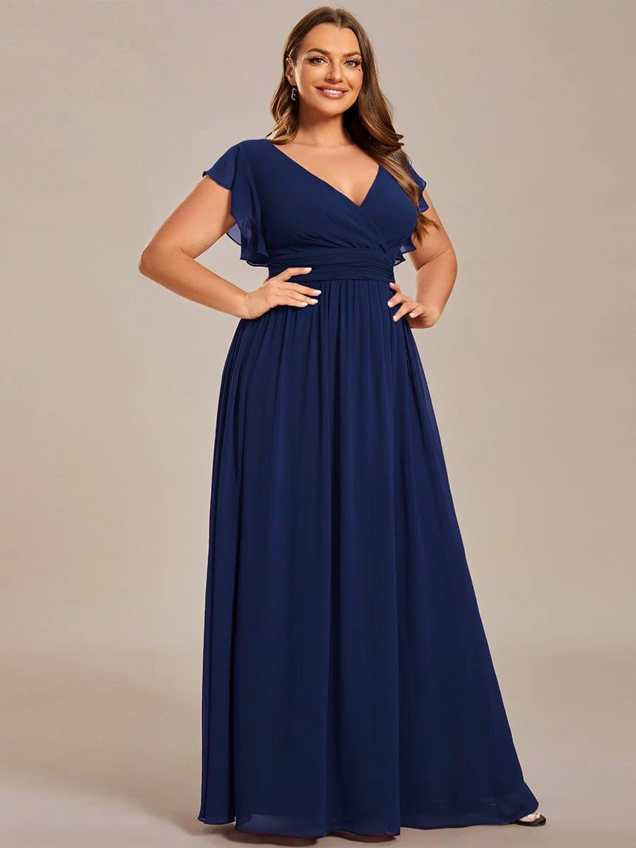 Elegant V-Neck Open Back Chiffon Bridesmaid Dress with Ruffled Sleeves #color_Navy Blue