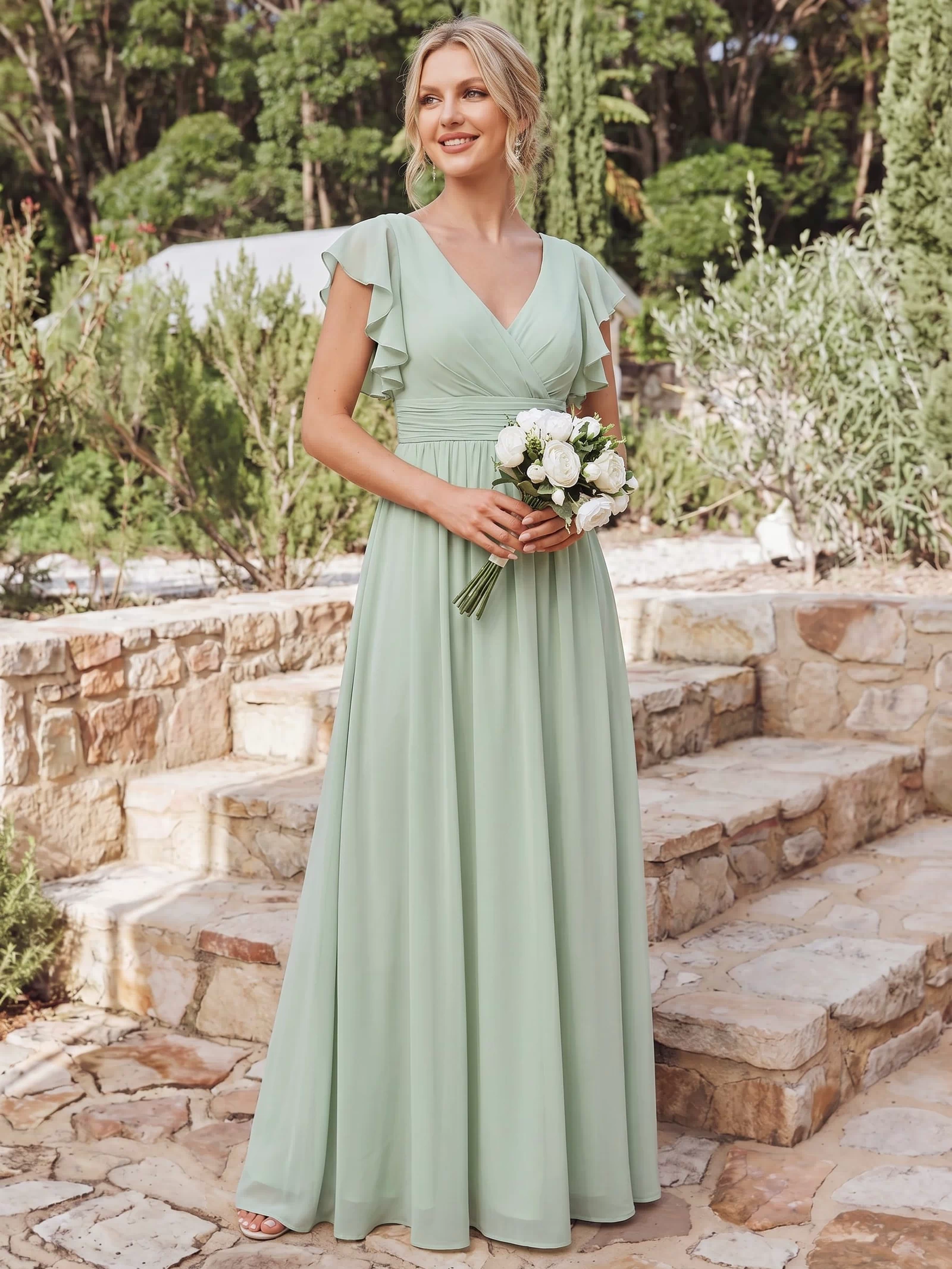 Elegant V-Neck Open Back Chiffon Bridesmaid Dress with Ruffled Sleeves #color_Mint Green