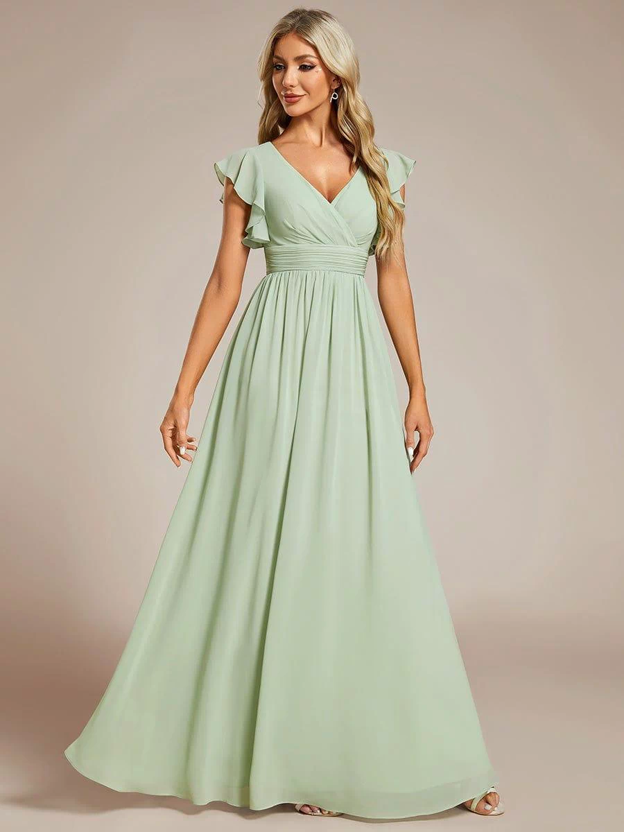 Elegant V-Neck Open Back Chiffon Bridesmaid Dress with Ruffled Sleeves #color_Mint Green