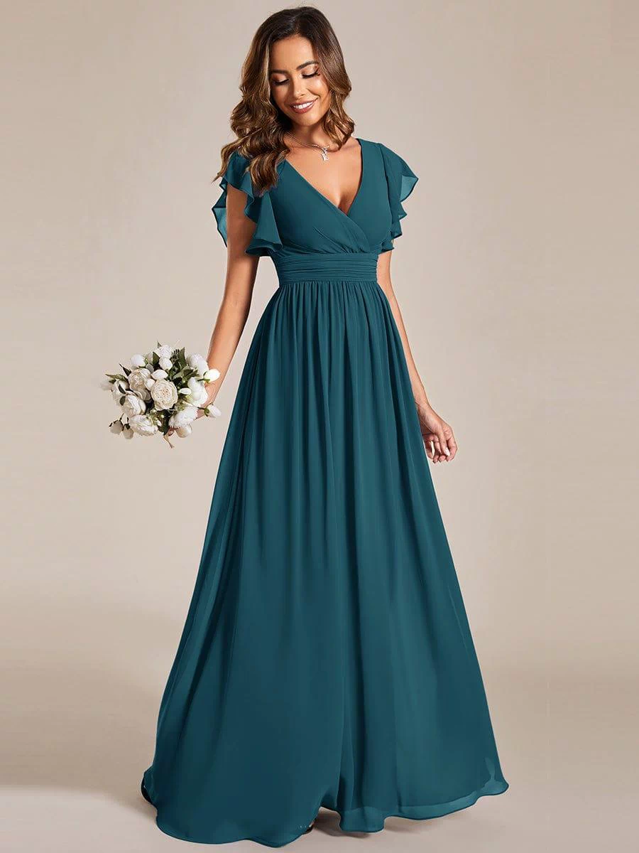 Elegant V-Neck Open Back Chiffon Bridesmaid Dress with Ruffled Sleeves #color_Teal