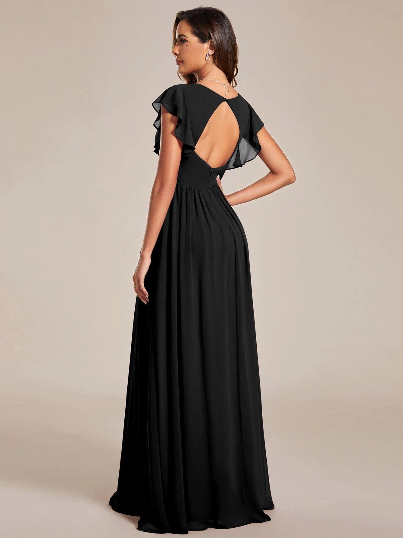 Elegant V-Neck Open Back Chiffon Bridesmaid Dress with Ruffled Sleeves #color_Black