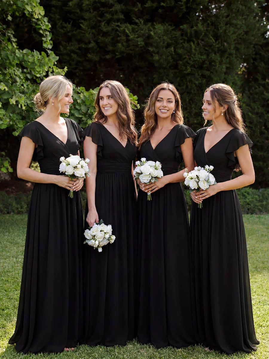 Elegant V-Neck Open Back Chiffon Bridesmaid Dress with Ruffled Sleeves #color_Black