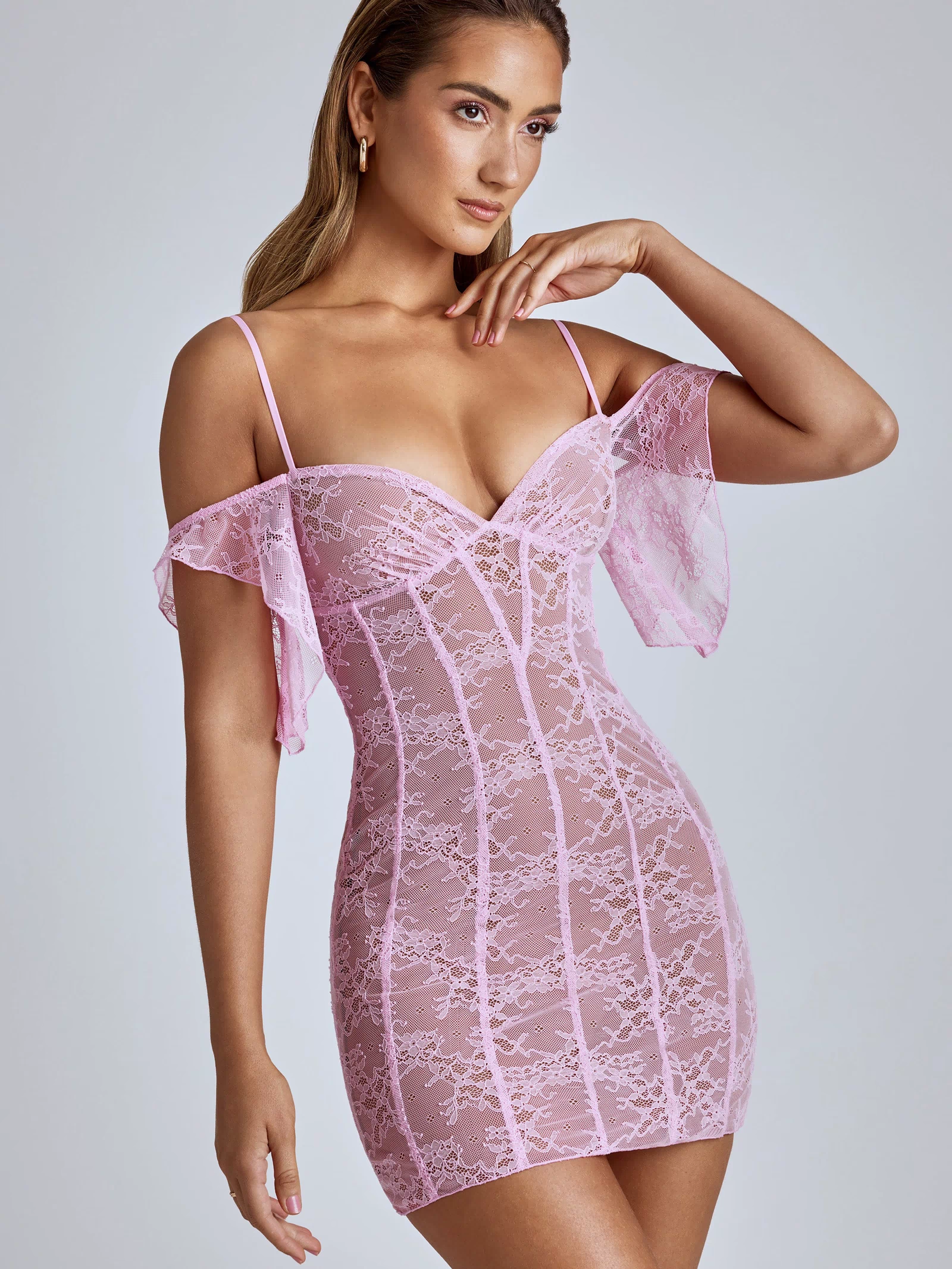 Sheer Lace A-Line Mini Dress in Baby Pink