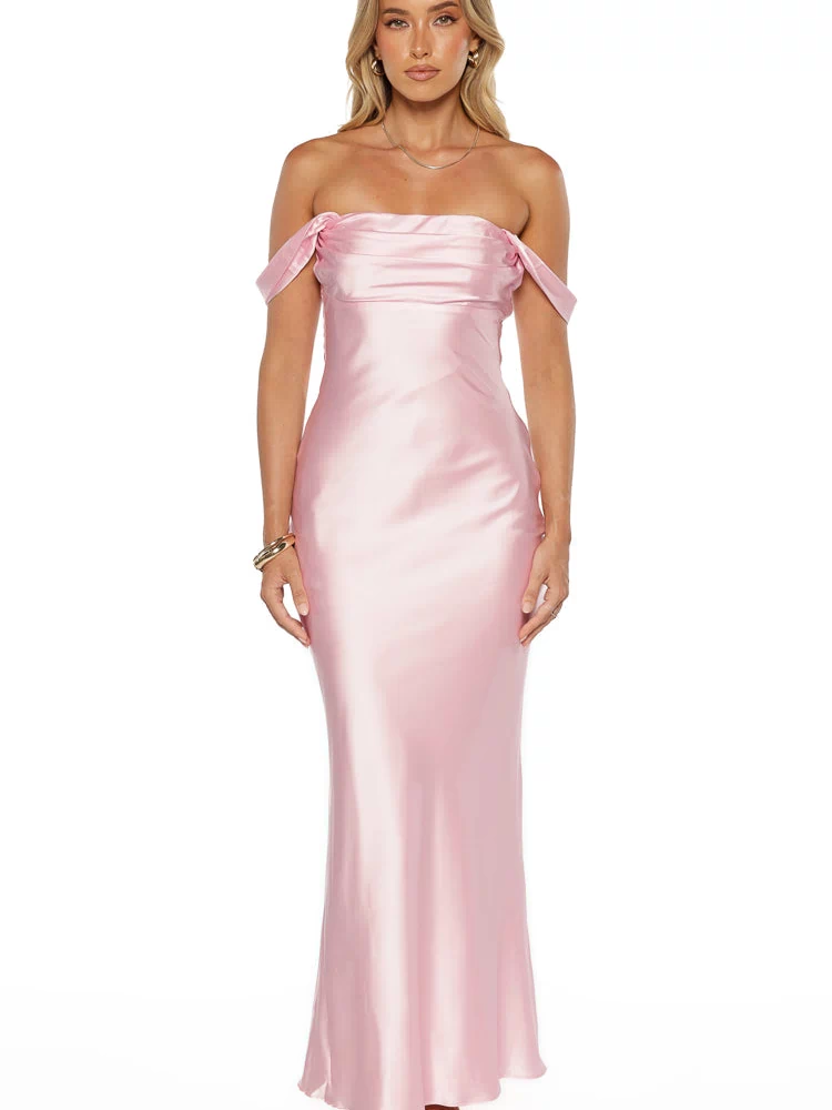 Light pink satin off-shoulder maxi dress with a ruched bodice