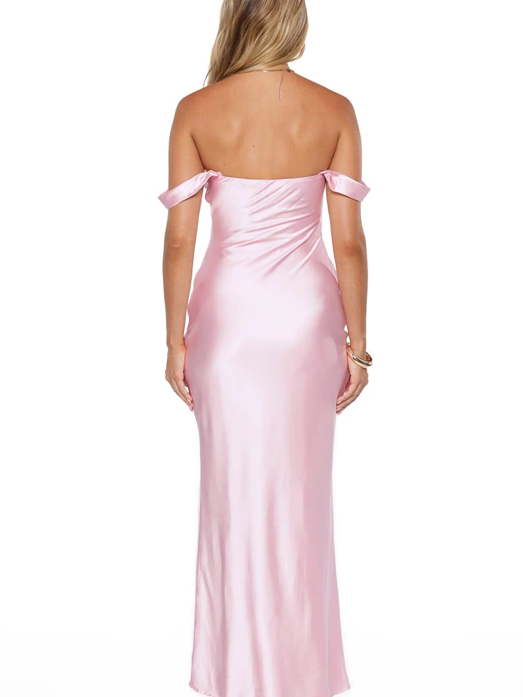 Rear view of a light pink satin off-shoulder maxi dress with a straight back and a fitted, flowing silhouette