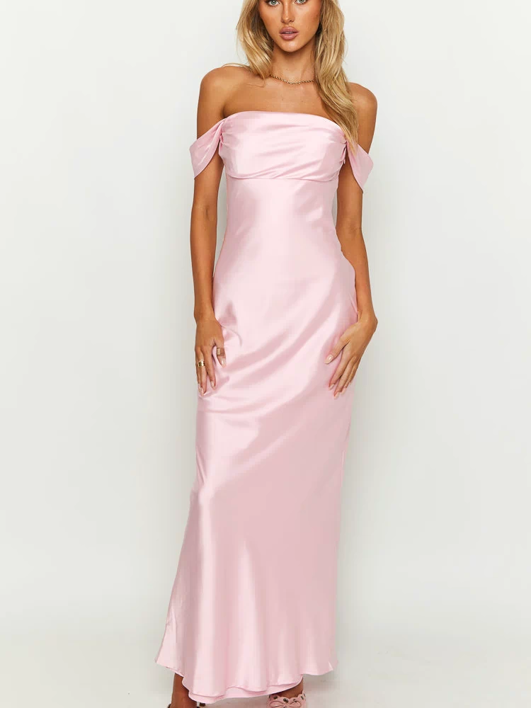 Full front view of a light pink off-shoulder satin maxi dress with draped sleeves and a fitted bodice