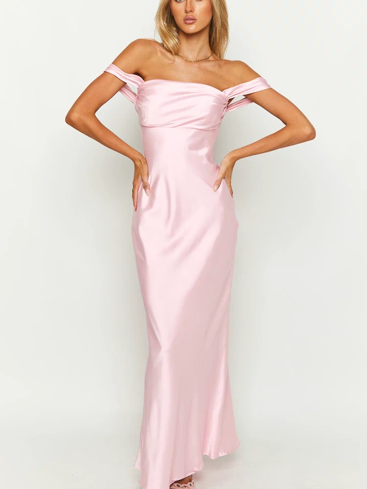 Full-length front view of a light pink satin off-shoulder maxi dress with a draped bodice and flowing skirt