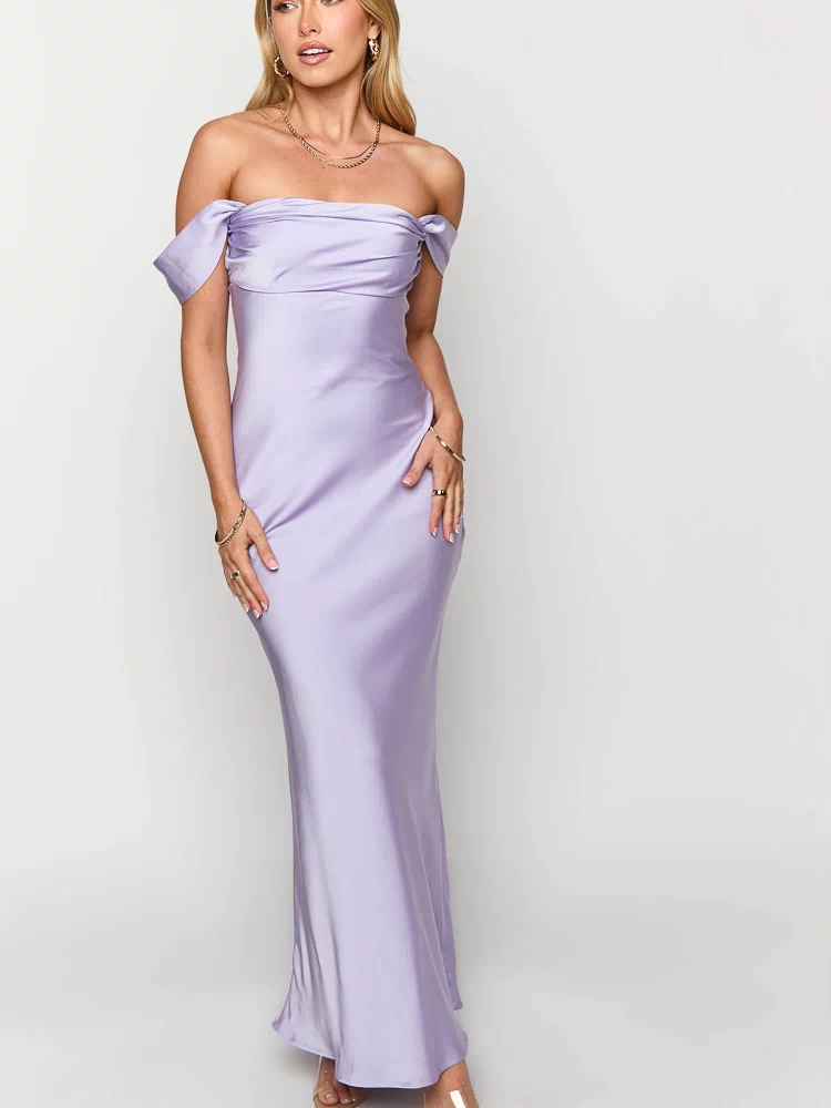 Lilac satin maxi dress with a folded and draped off-shoulder neckline and a form-fitting silhouette