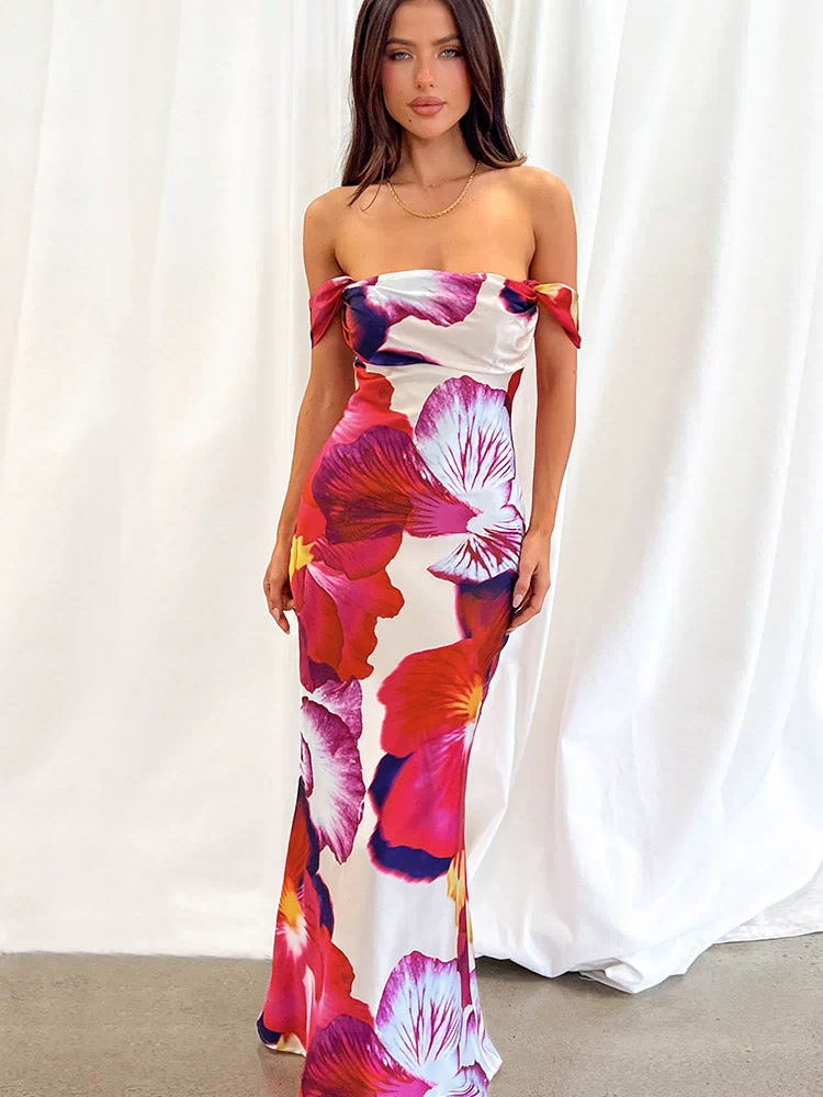 Ella Pink Floral Print Off Shoulder Formal Dress