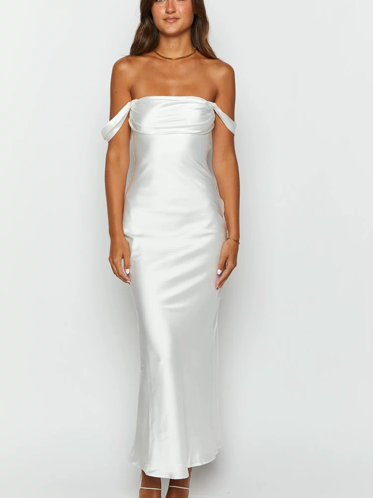 White satin off-shoulder formal dress with a draped neckline and a flowing midi skirt