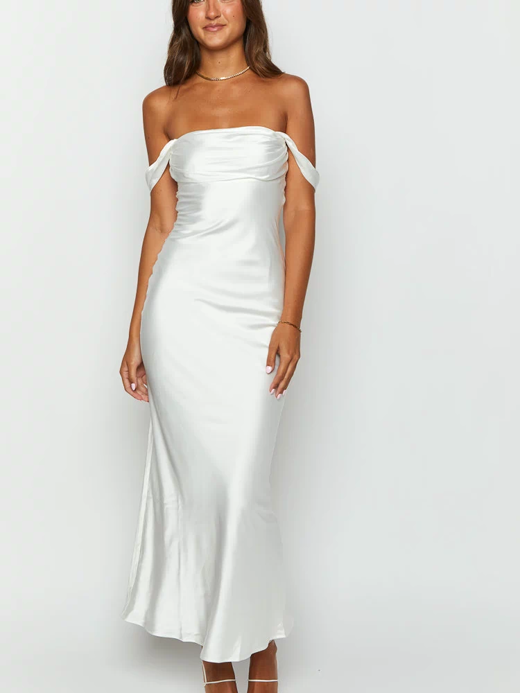 White satin off-shoulder midi dress with a softly draped neckline and fitted silhouette