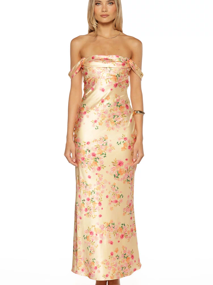 Yellow satin maxi dress with an off-shoulder cowl neckline, draped short sleeves, and pink floral print