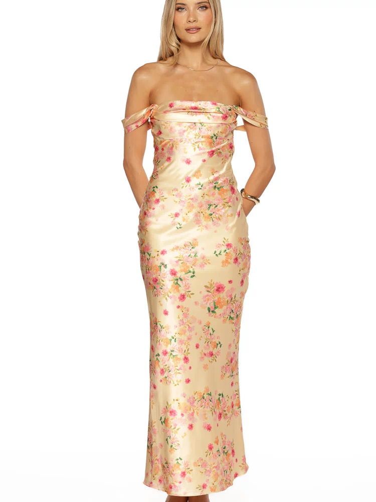 Full front view of a yellow bloom floral satin maxi dress with an off-shoulder draped neckline and thin straps