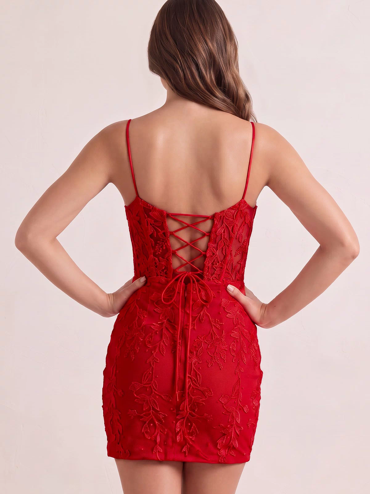 Red Spaghetti Straps Tight Short Homecoming Dress with Appliques (2) | KISSPROM