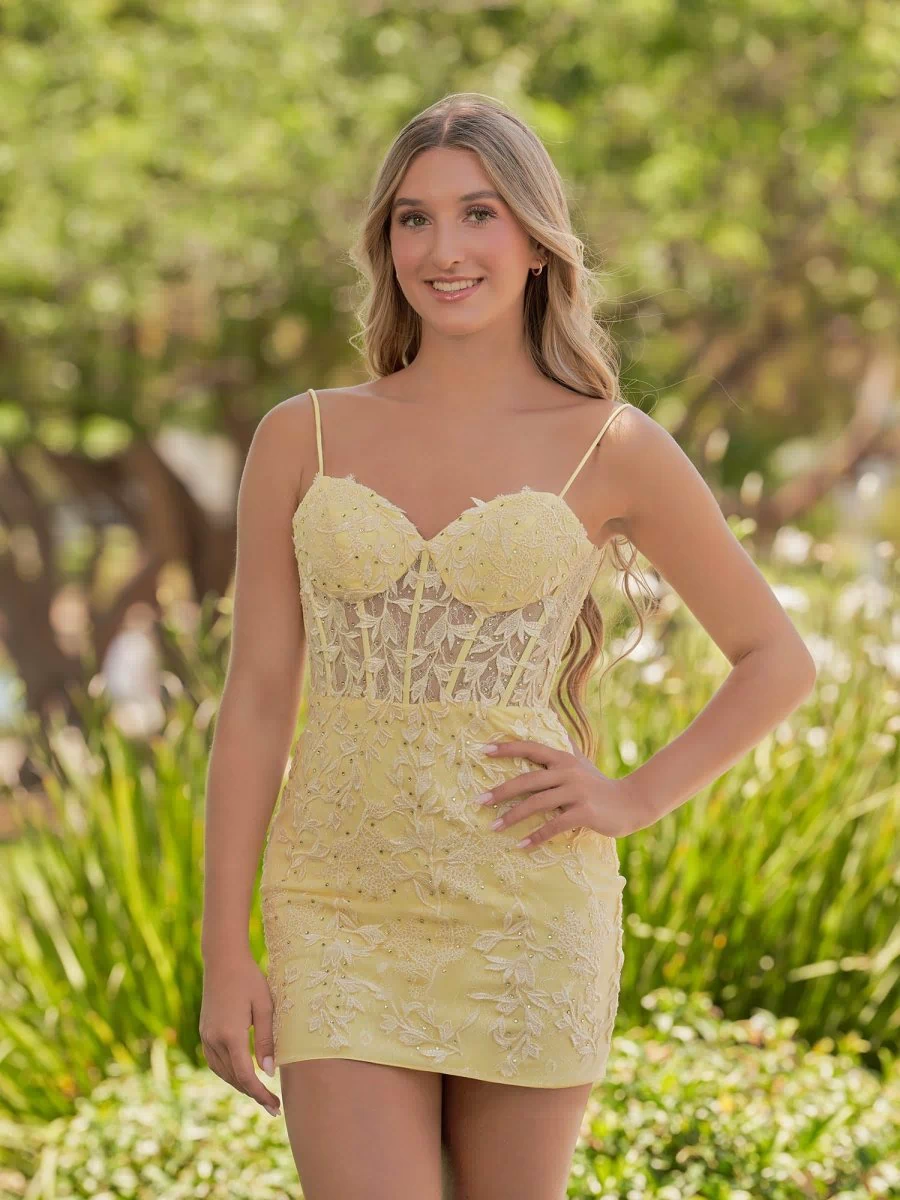 Yellow Spaghetti Straps Tight Short Homecoming Dress with Appliques - KISSPROM