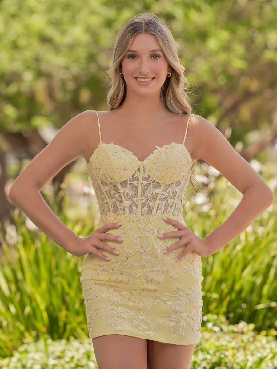Yellow Spaghetti Straps Tight Short Homecoming Dress with Appliques - KISSPROM