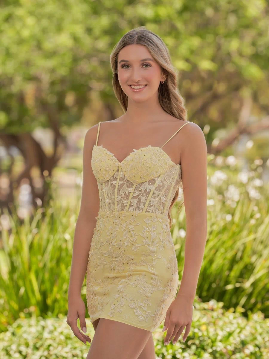 Yellow Spaghetti Straps Tight Short Homecoming Dress with Appliques - KISSPROM