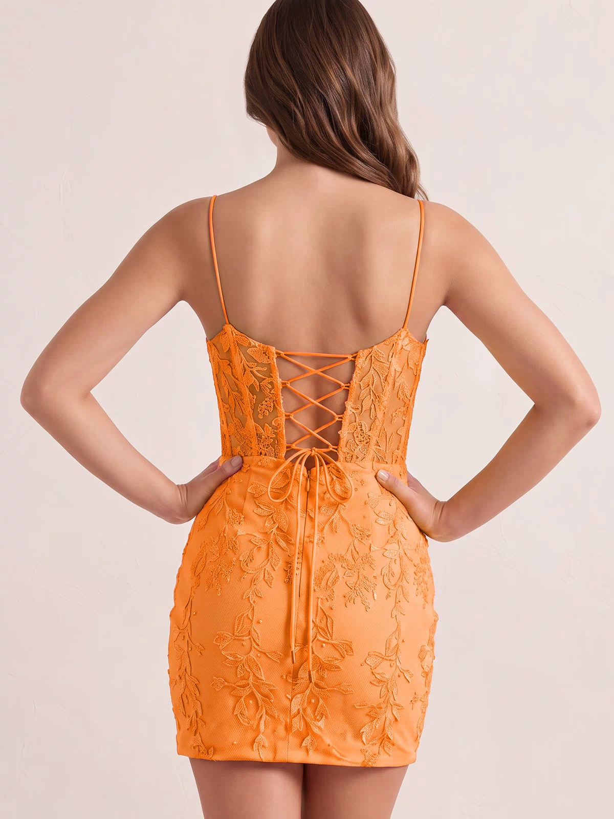 Orange Spaghetti Straps Tight Short Homecoming Dress with Appliques (2) | KISSPROM