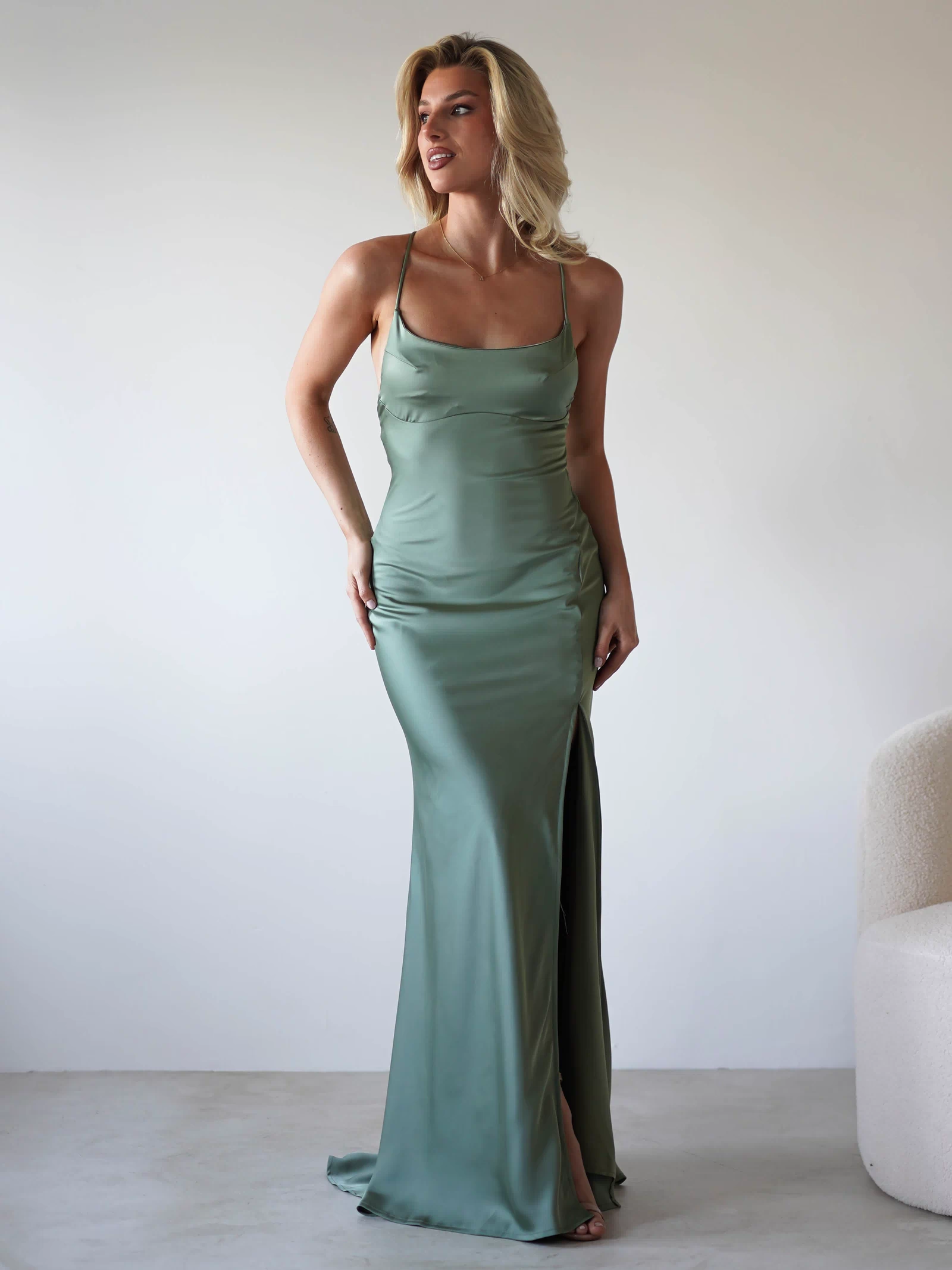 Elsa Matte Satin Maxi Gown | Olive
