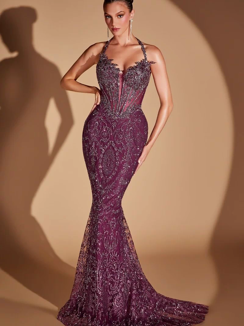 Elsie Gown - Halter Mermaid Evening Dress - Ladivine CD695 Plum | Lady Black Tie
