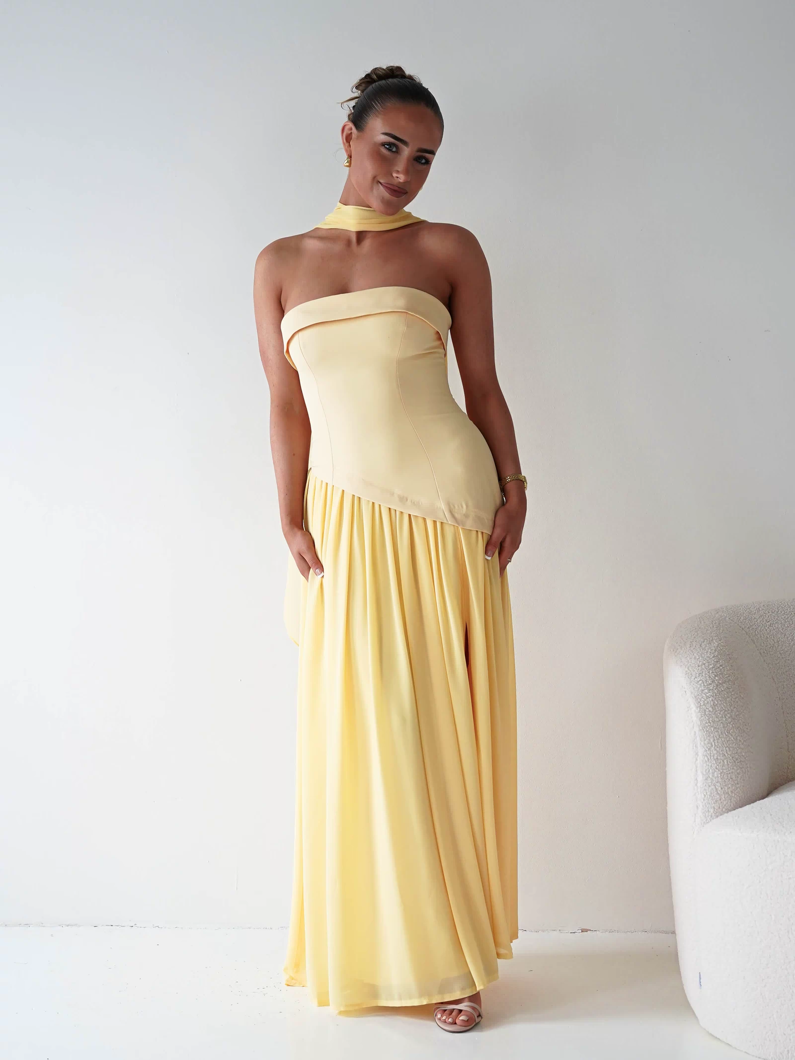 Elva Strapless Asymmetric Waist Maxi Dress | Yellow