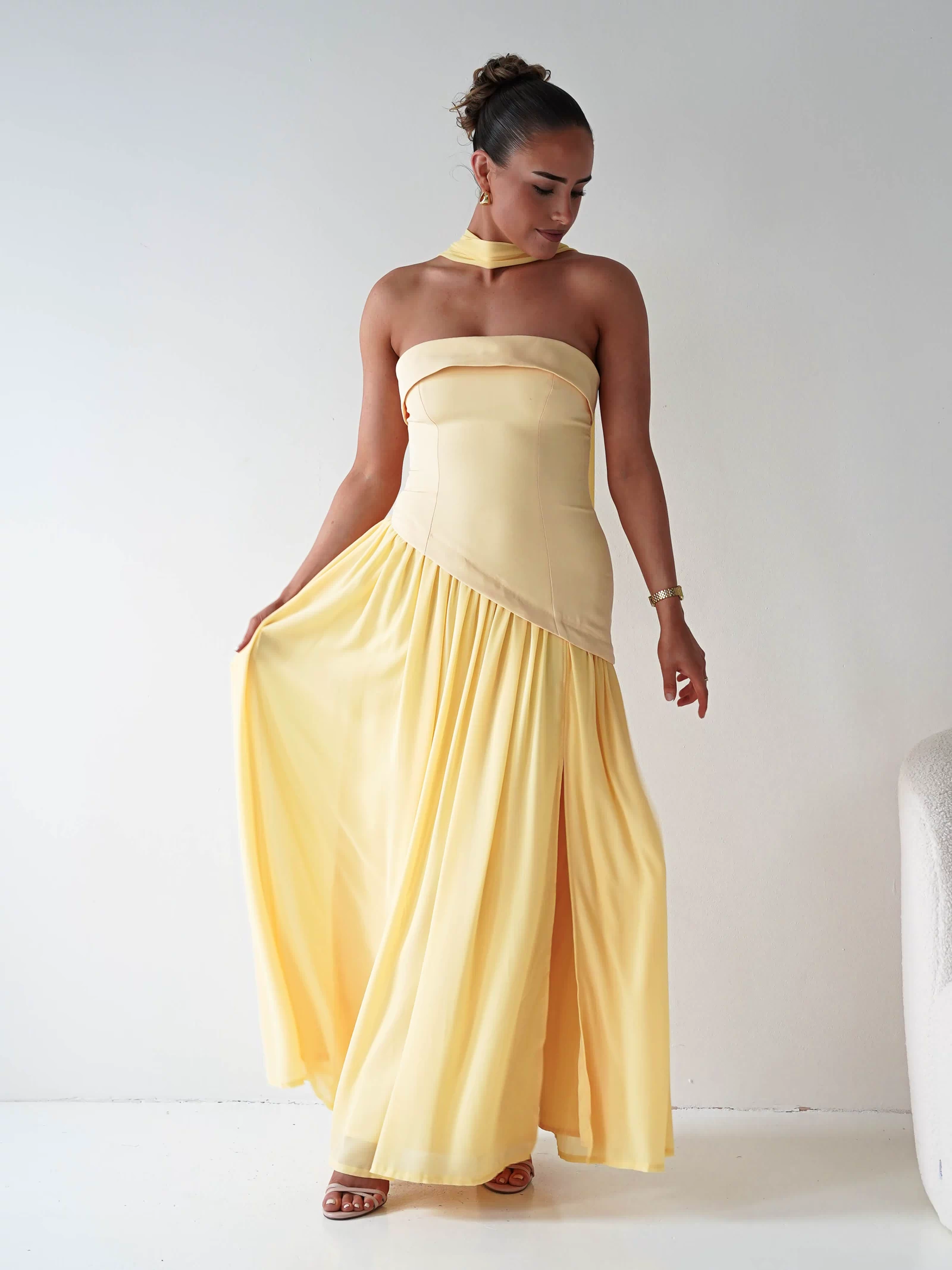Elva Strapless Asymmetric Waist Maxi Dress | Yellow-Oh Hello Clothing