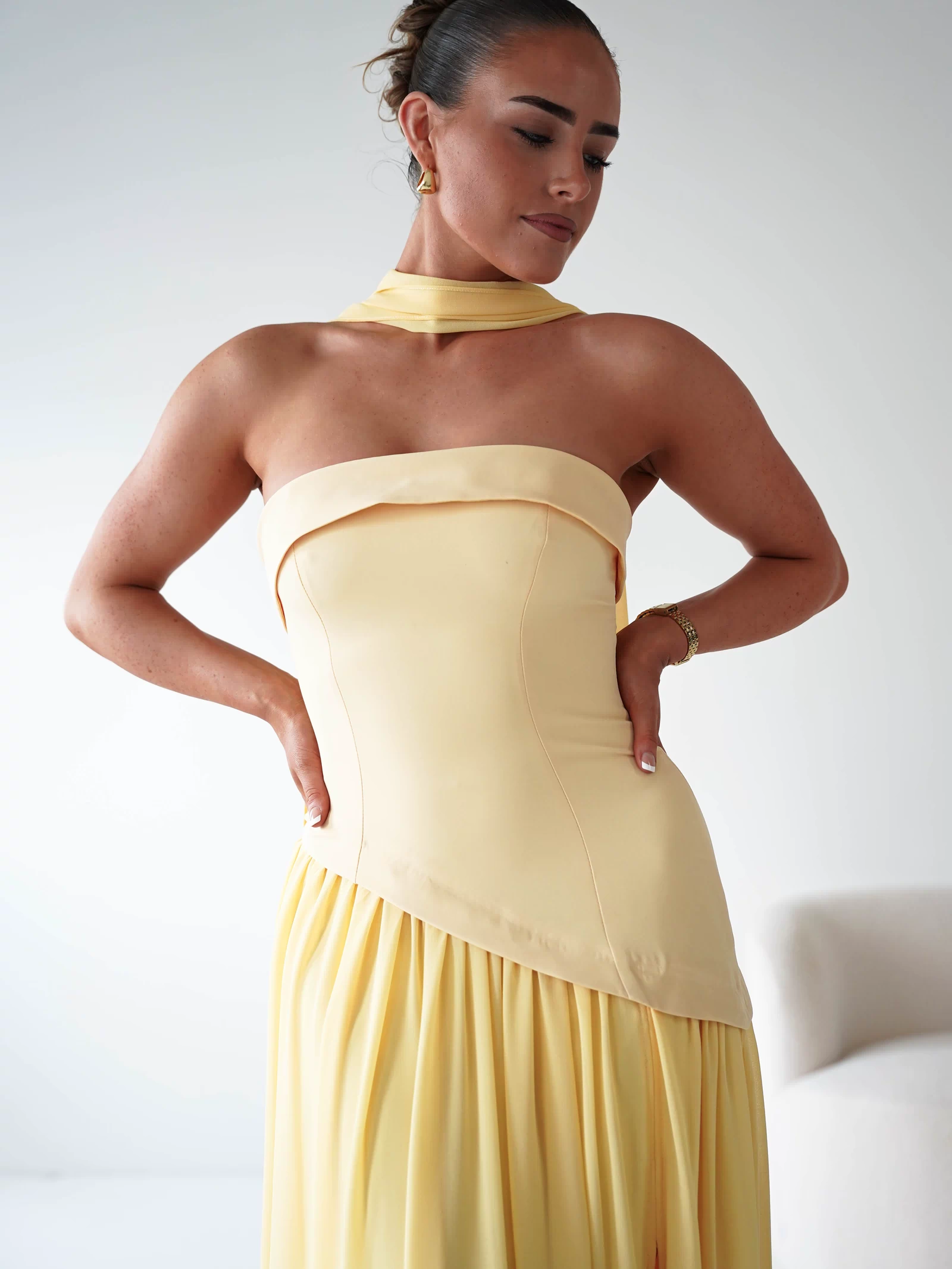 Elva Strapless Asymmetric Waist Maxi Dress | Yellow-Oh Hello Clothing