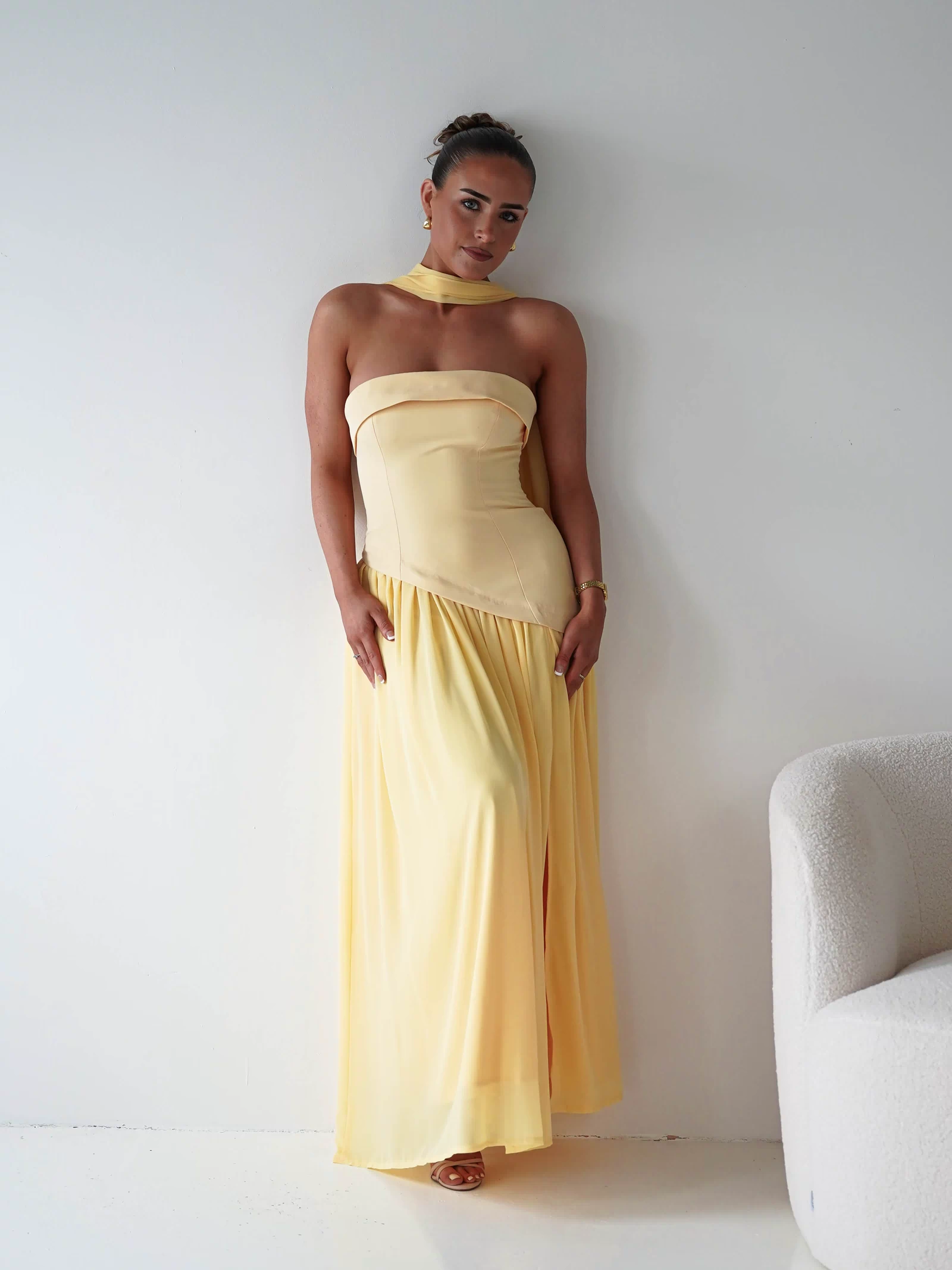 Elva Strapless Asymmetric Waist Maxi Dress | Yellow-Oh Hello Clothing