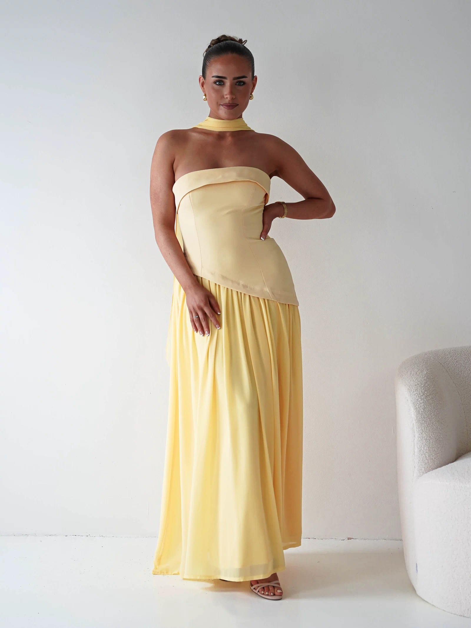 Elva Strapless Asymmetric Waist Maxi Dress | Yellow-Oh Hello Clothing