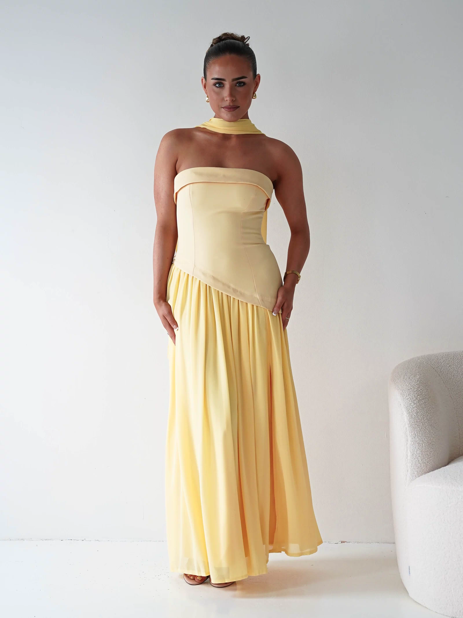 Elva Strapless Asymmetric Waist Maxi Dress | Yellow-Oh Hello Clothing