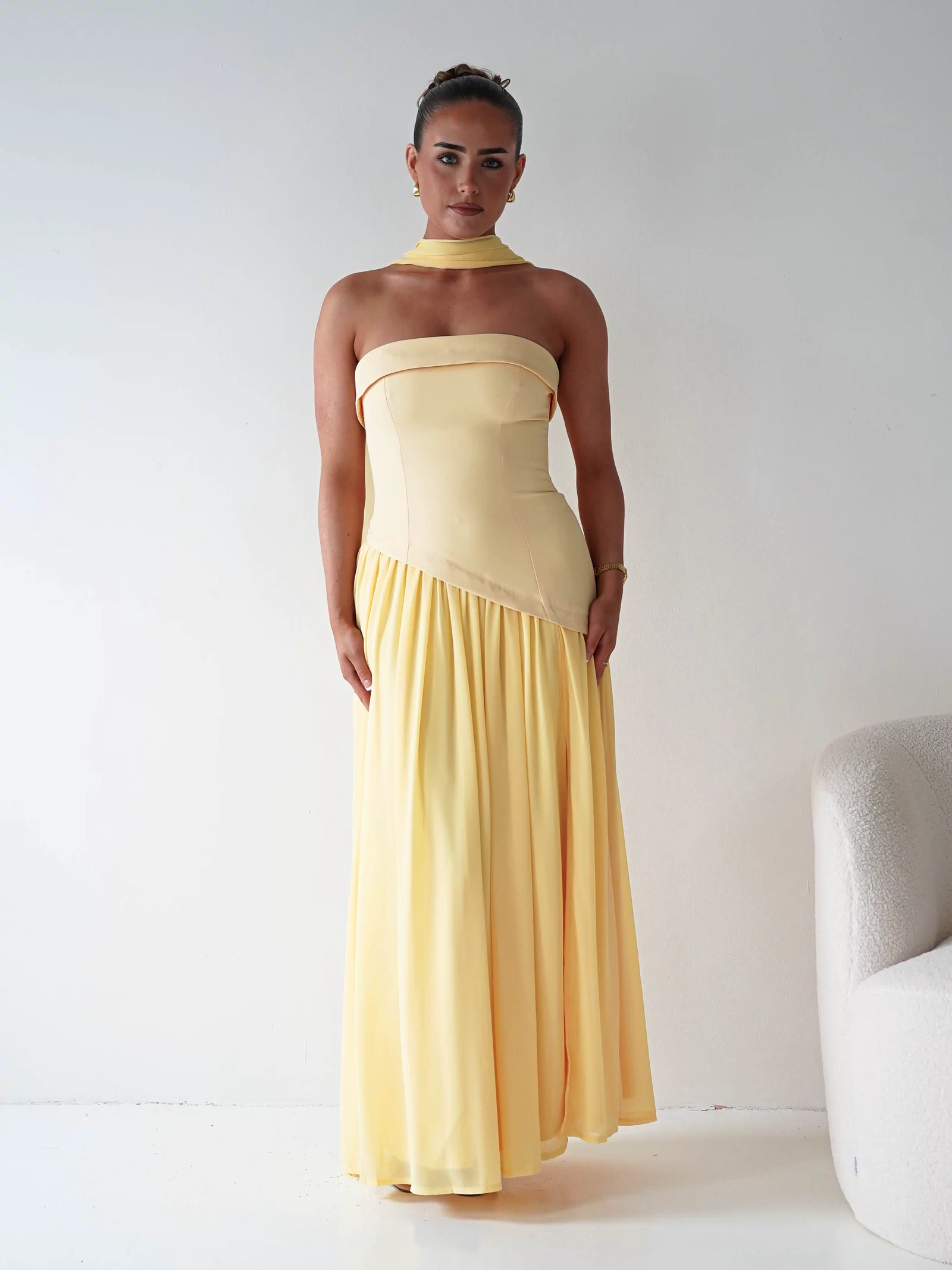 Elva Strapless Asymmetric Waist Maxi Dress | Yellow-Oh Hello Clothing