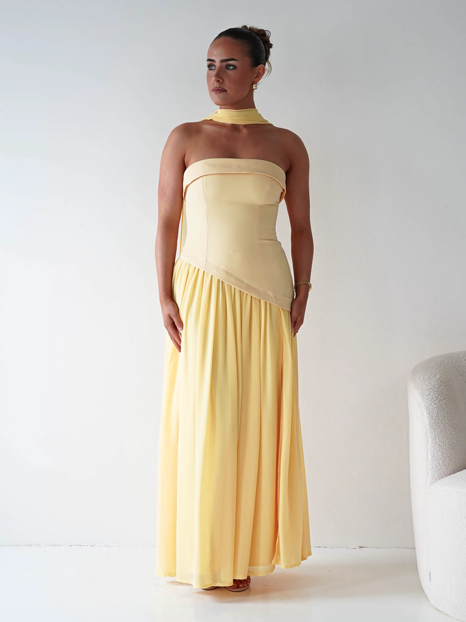 Elva Strapless Asymmetric Waist Maxi Dress | Yellow-Oh Hello Clothing