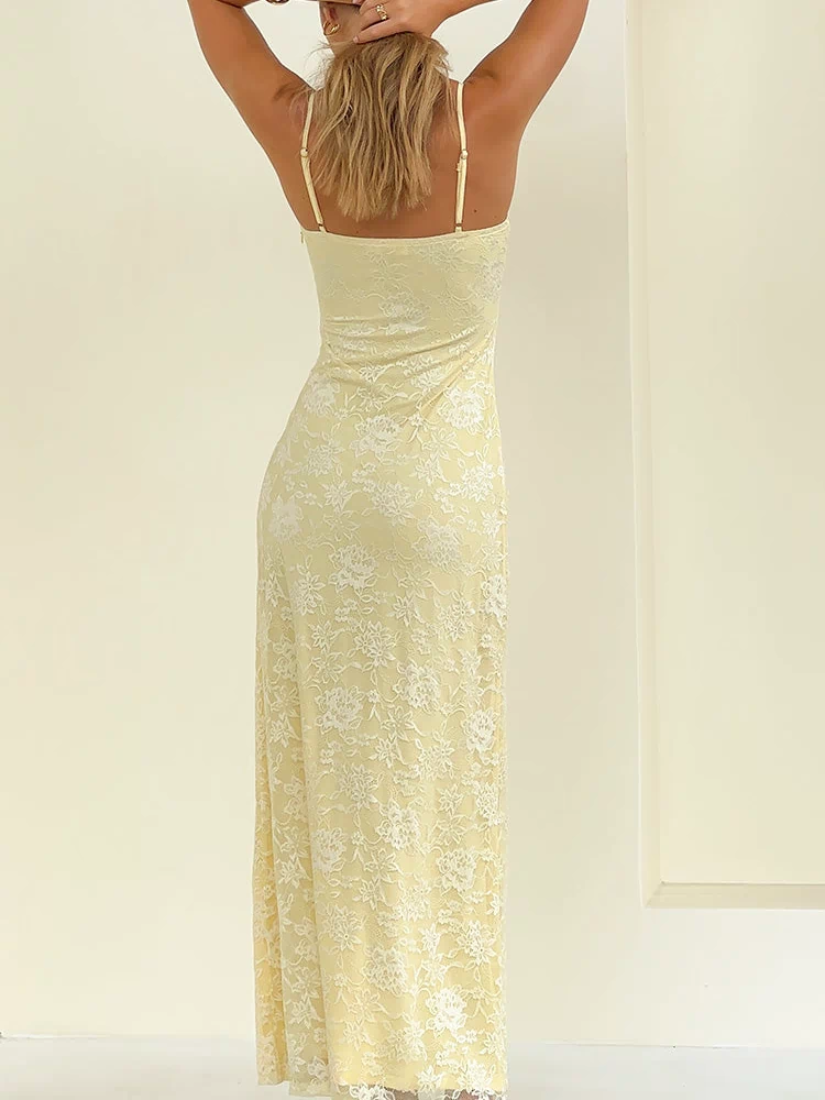 Rear view of a yellow floral lace maxi dress with thin adjustable spaghetti straps