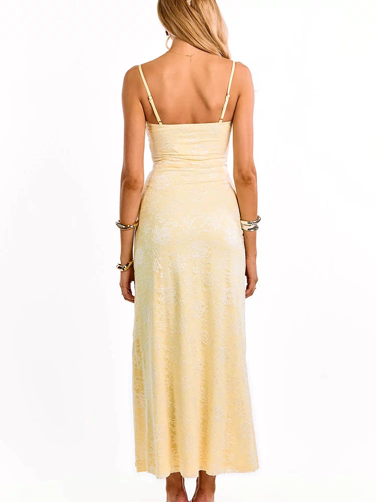Back view of a yellow lace maxi dress with a delicate floral pattern and thin adjustable spaghetti straps