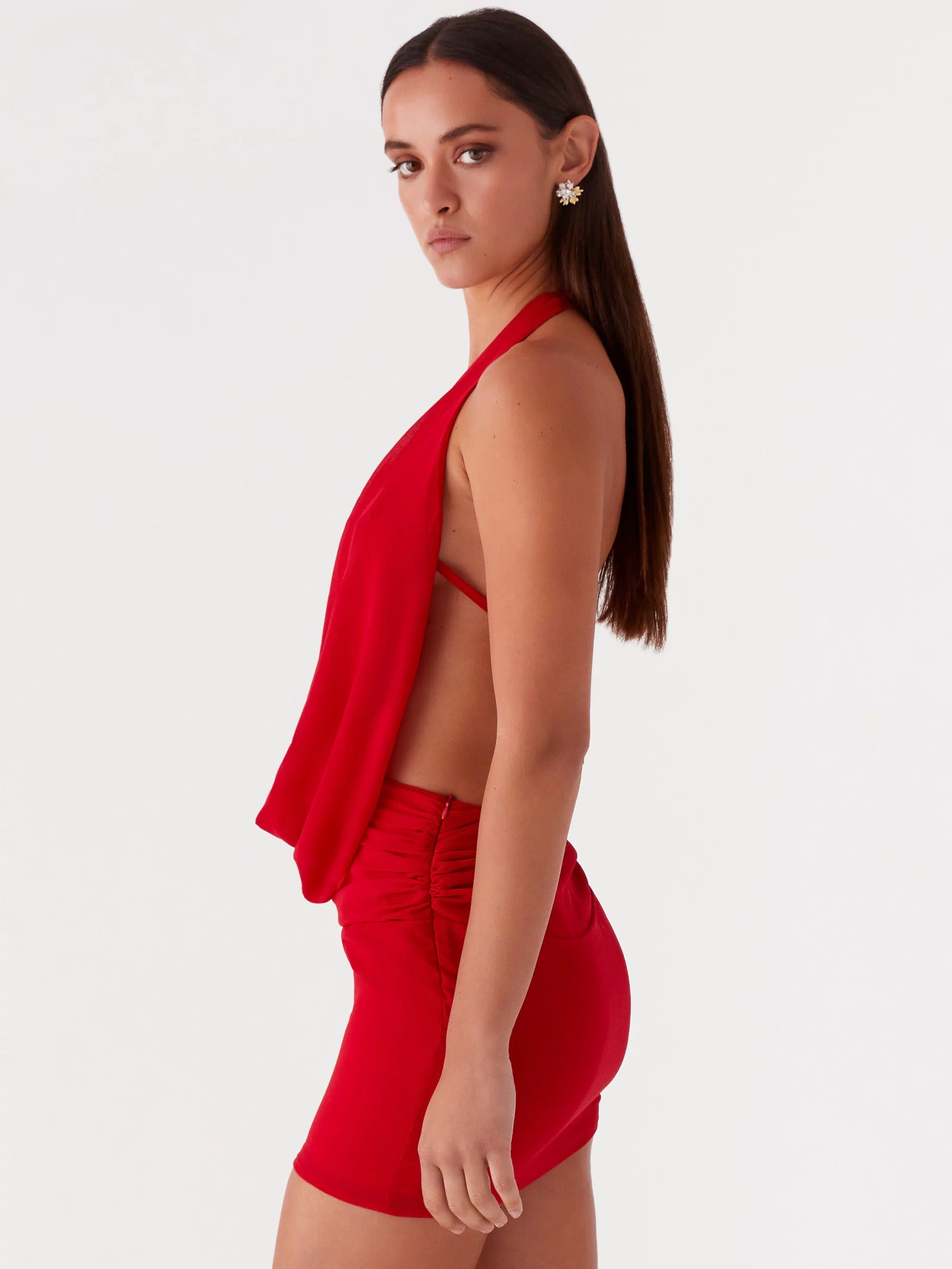 Womens Elysia Mesh Mini Dress in the colour Red in front of a light grey background