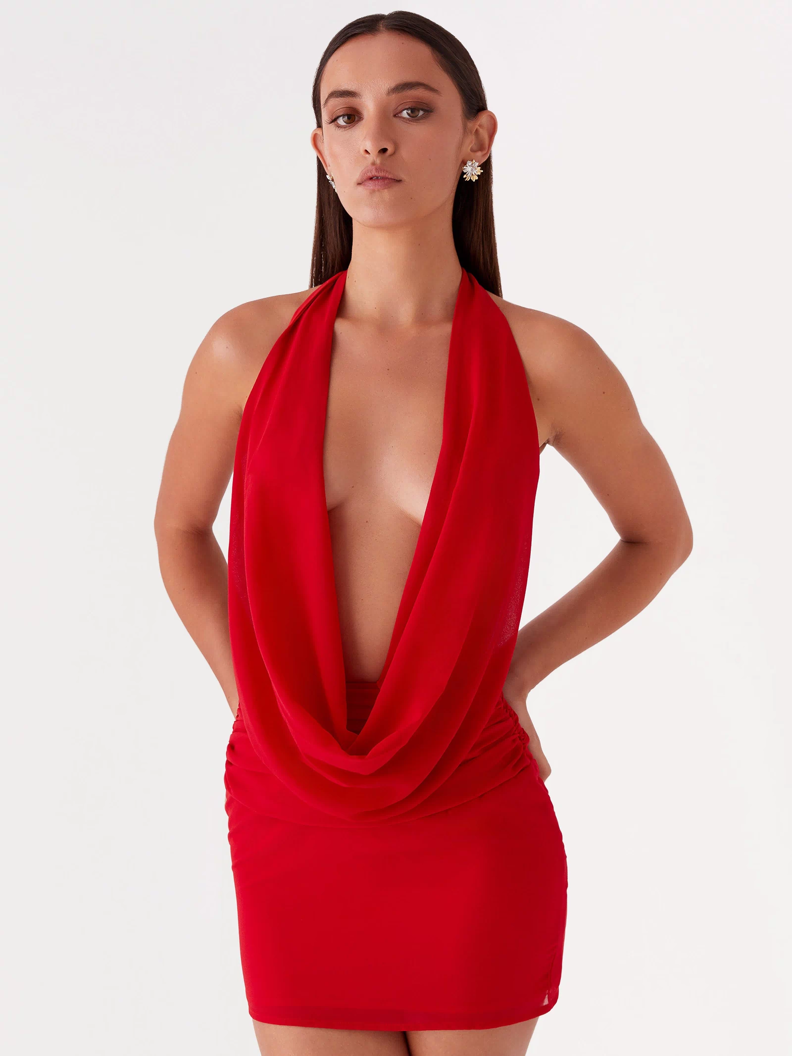Womens Elysia Mesh Mini Dress in the colour Red in front of a light grey background