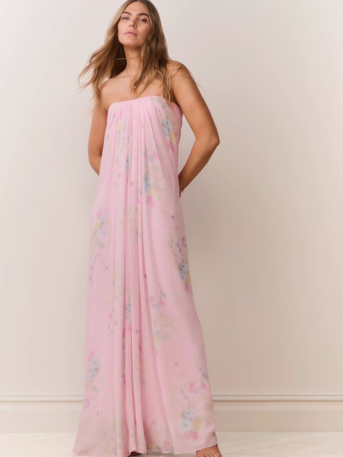 Emara Strapless Floral Chiffon Gown