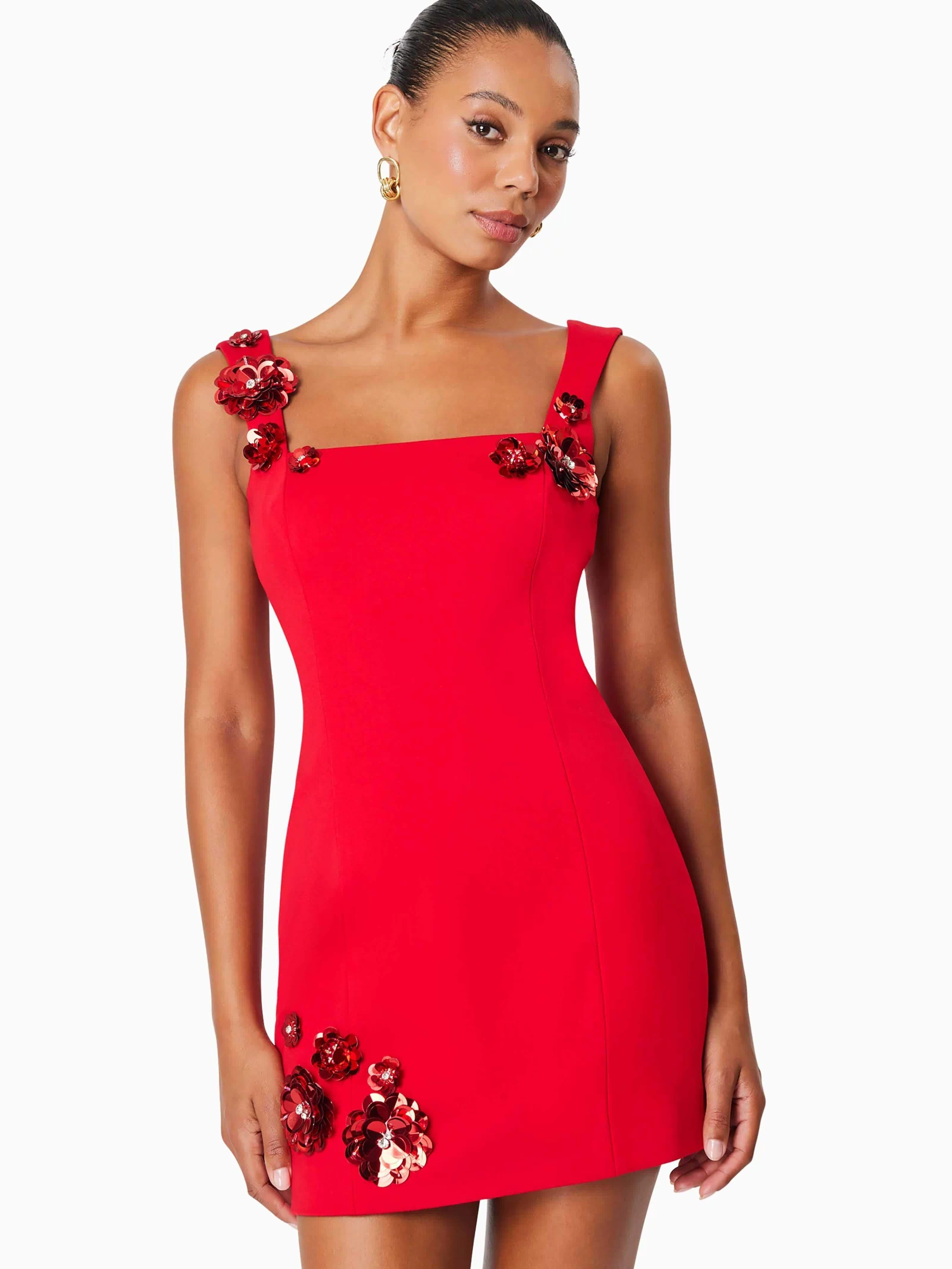 model is wearing Emma Eventwear Mini Dress In Red close up shot