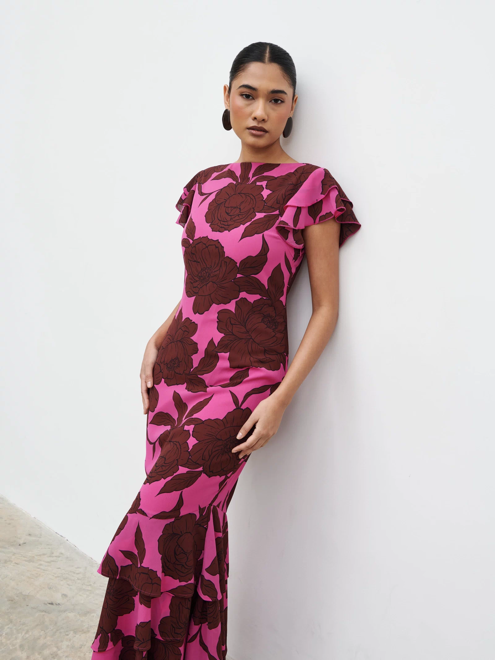 Ester Ruffle Maxi Dress - Brown and Fuchsia Floral