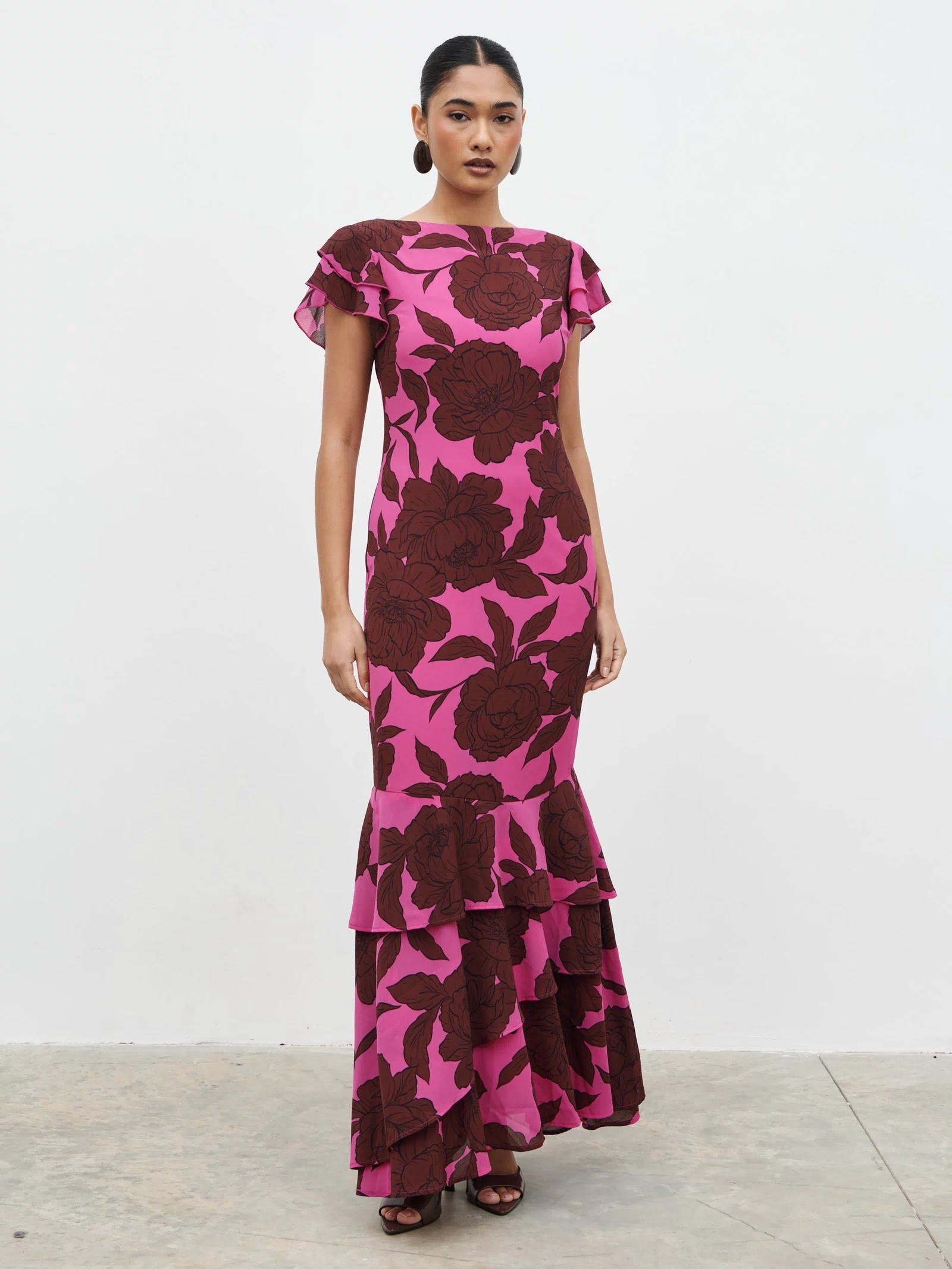 Candy Is 5'6" & Wears Size UK 8|Ester Ruffle Maxi Dress - Brown and Fuchsia Floral