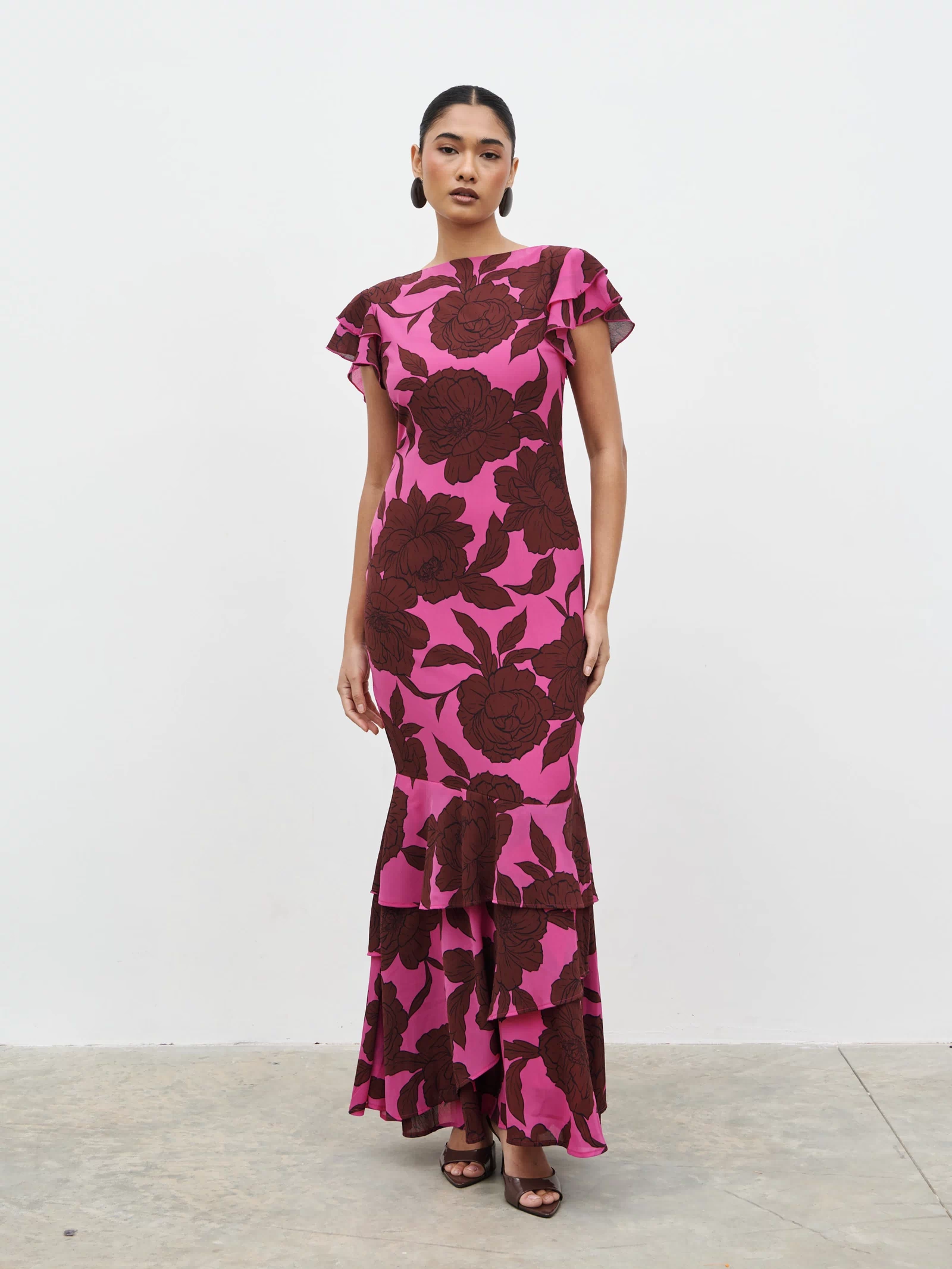 Candy Is 5'6" & Wears Size UK 8|Ester Ruffle Maxi Dress - Brown and Fuchsia Floral