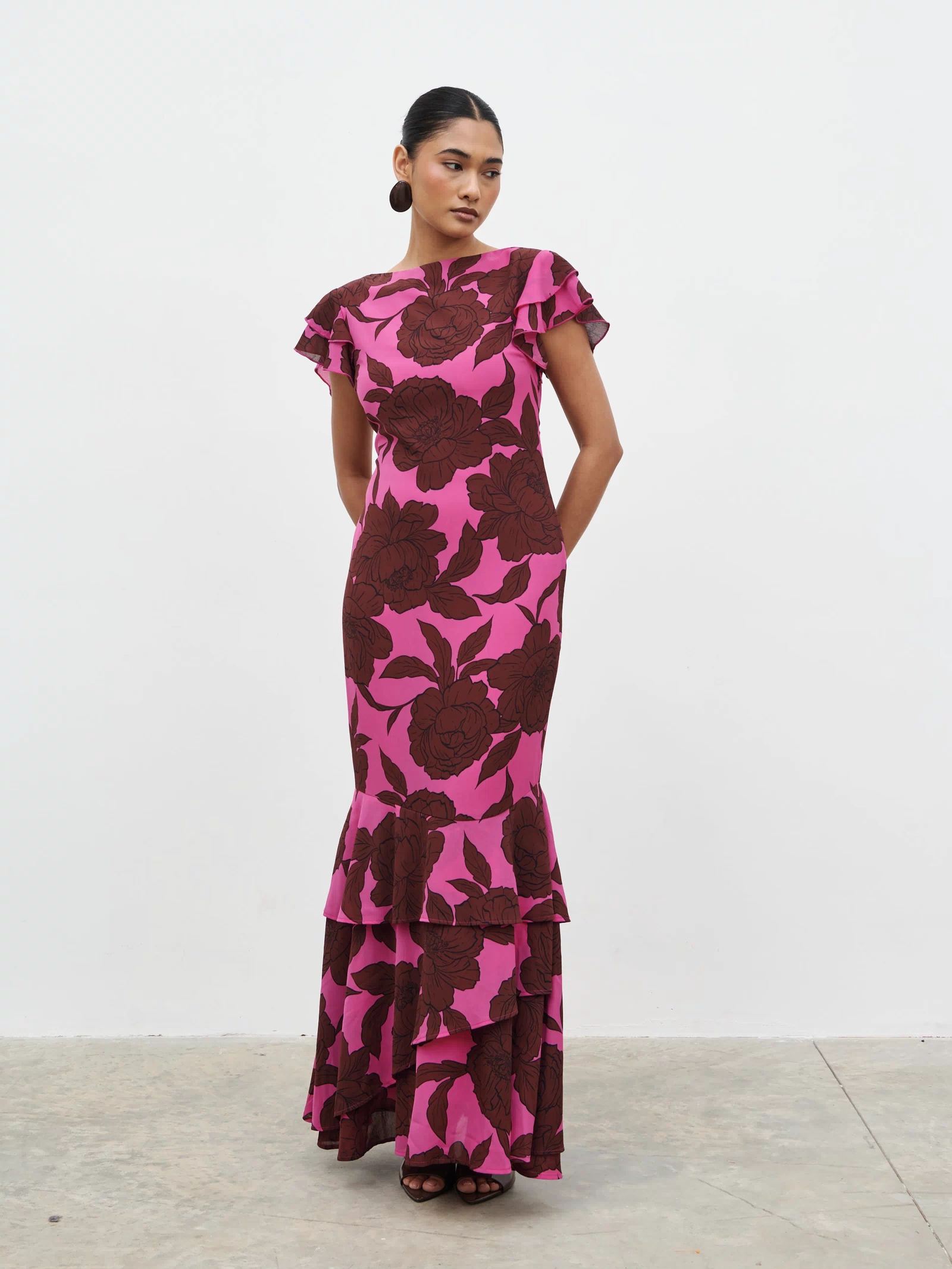 Candy Is 5'6" & Wears Size UK 8|Ester Ruffle Maxi Dress - Brown and Fuchsia Floral