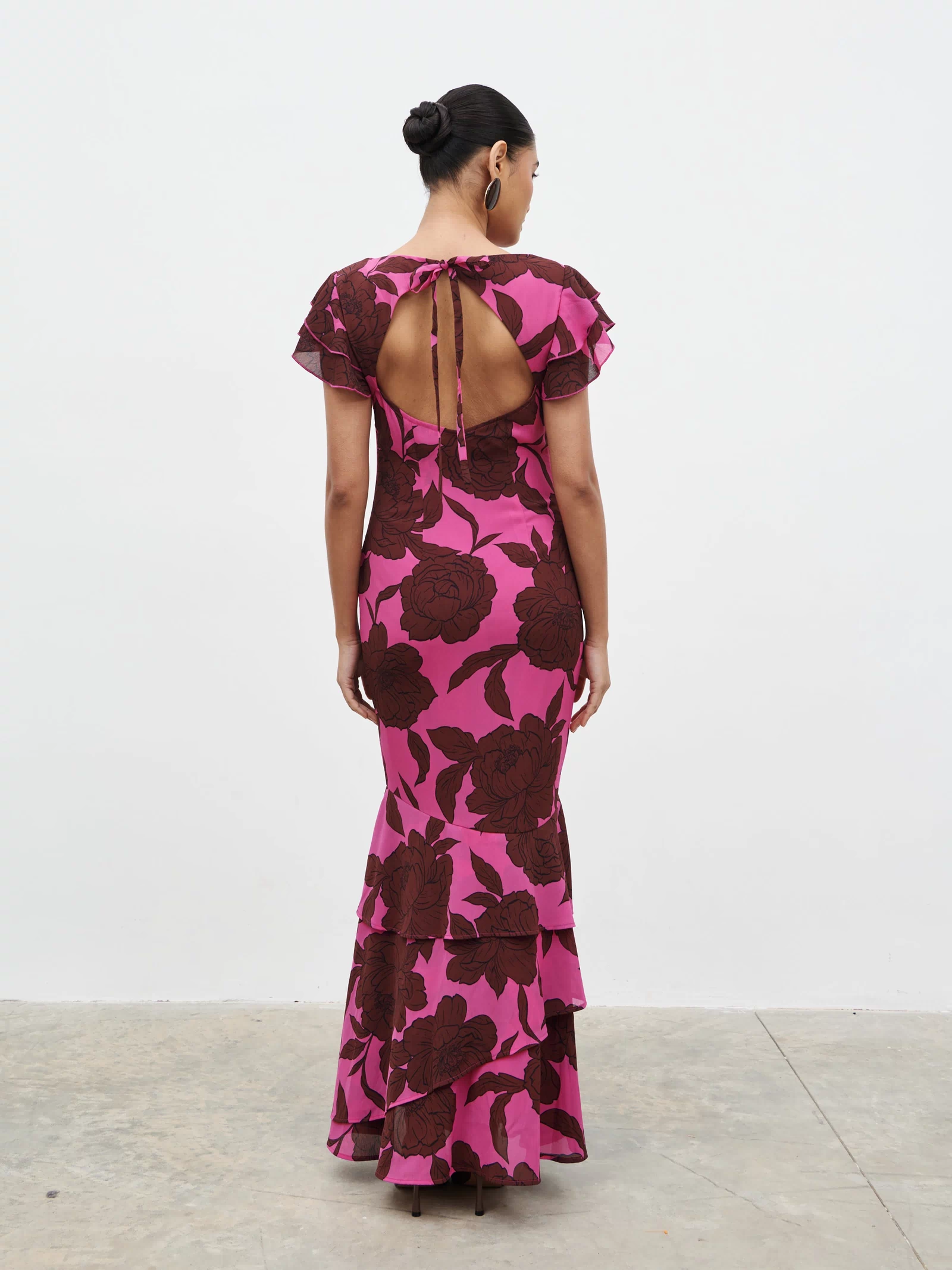 Candy Is 5'6" & Wears Size UK 8|Ester Ruffle Maxi Dress - Brown and Fuchsia Floral