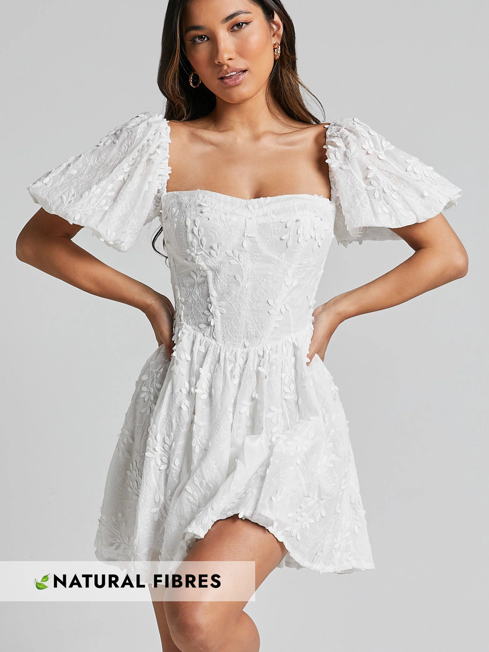 Esthela Mini Dress - Embroidered Square Neck Short Puff Sleeve Corset in White Floral