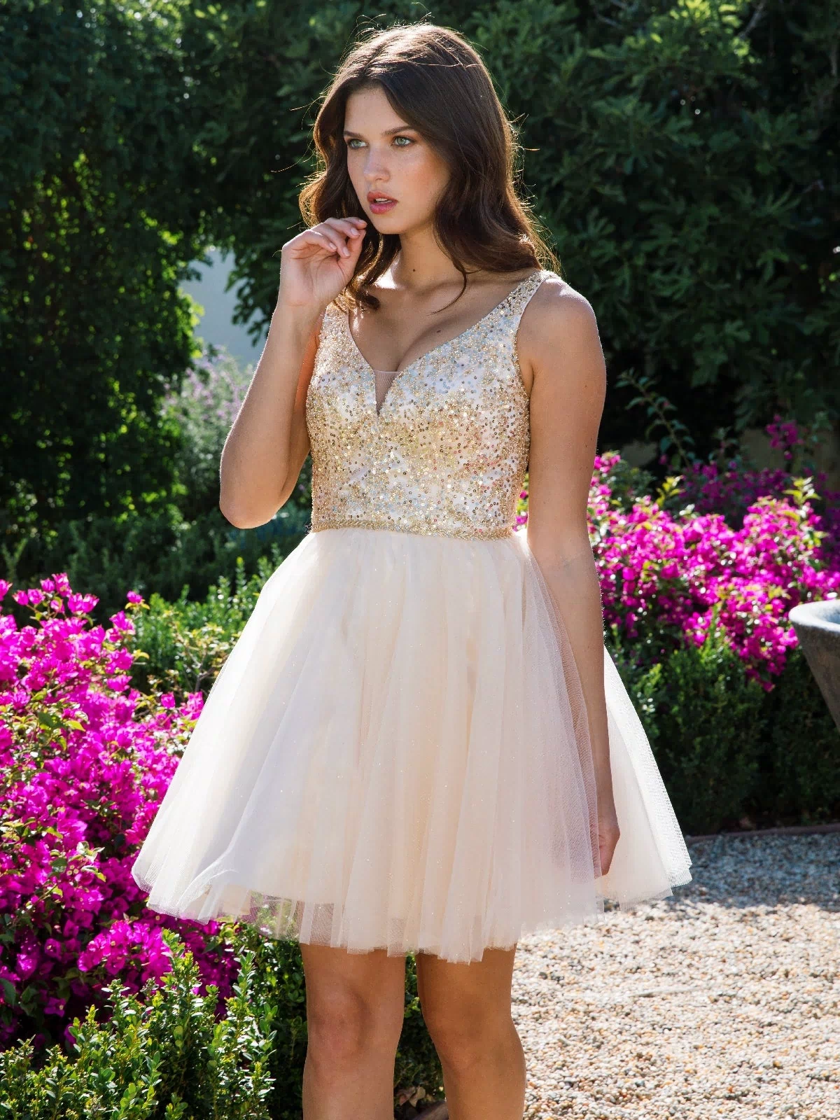 Glitter-Bodice Short A-Line Hoco Dress: Eureka 9926