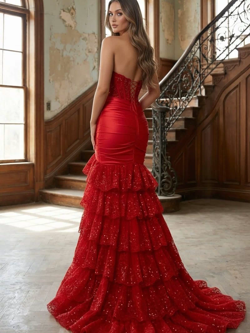 Red Strapless Sweetheart Mermaid Pleated Layered Long Prom Dress With Slit – Prom Dresses by KissProm | Available at KissProm